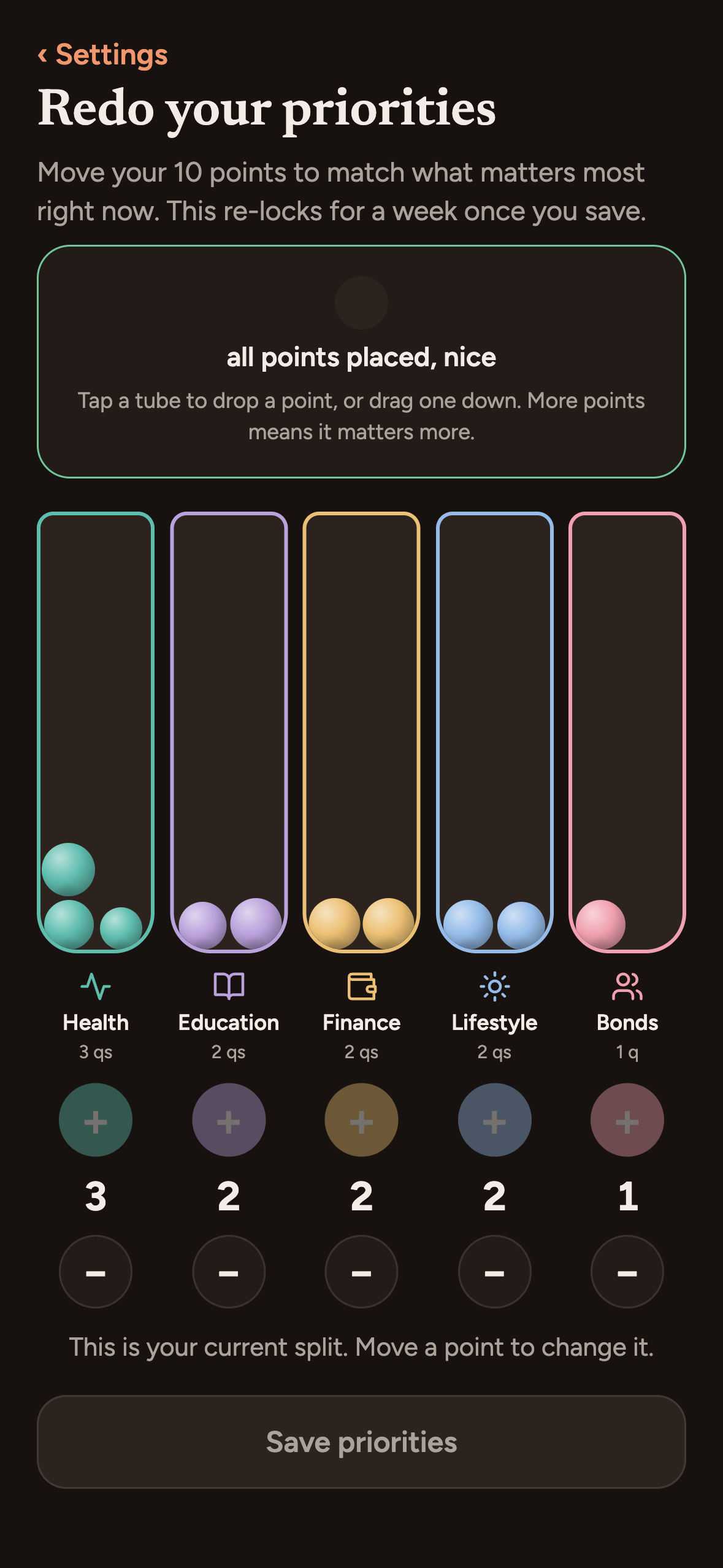 The Vest priorities screen, with ten points shared across five tubes labelled Health, Education, Finance, Lifestyle and Bonds