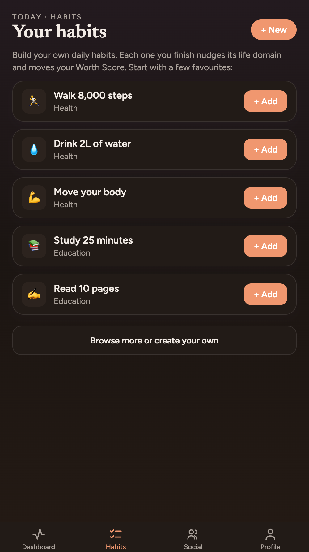 Worth Yourself habits screen