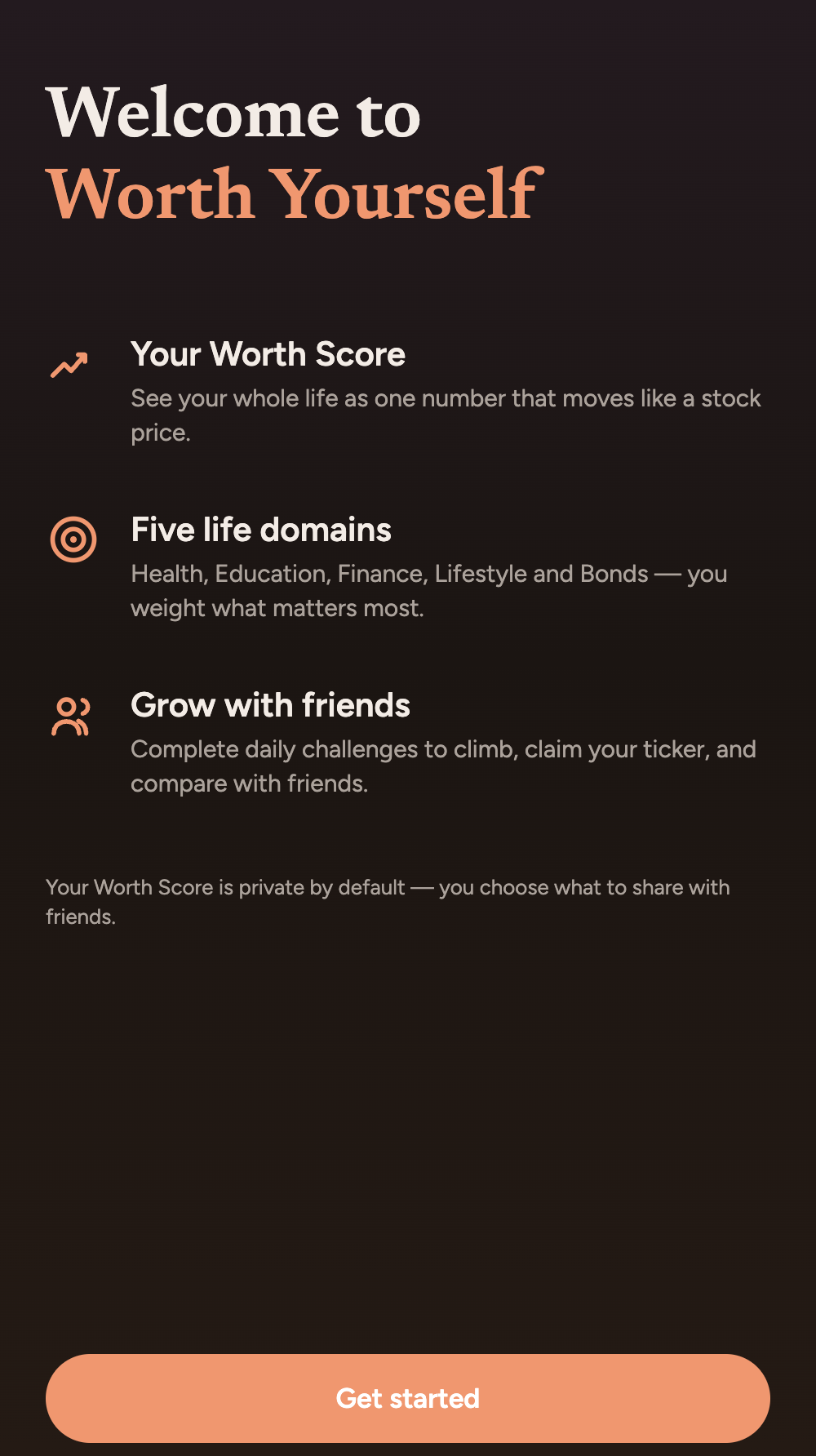 Worth Yourself welcome screen
